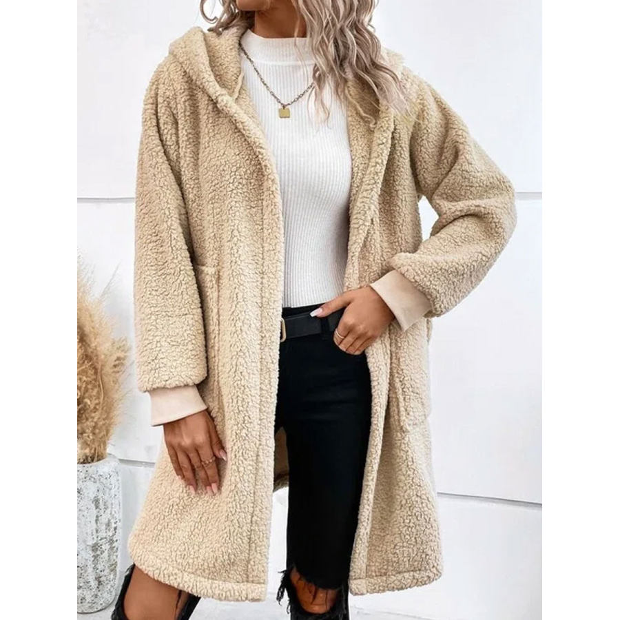 Casual Loose Solid Cardigan Fleece Hooded Coat
