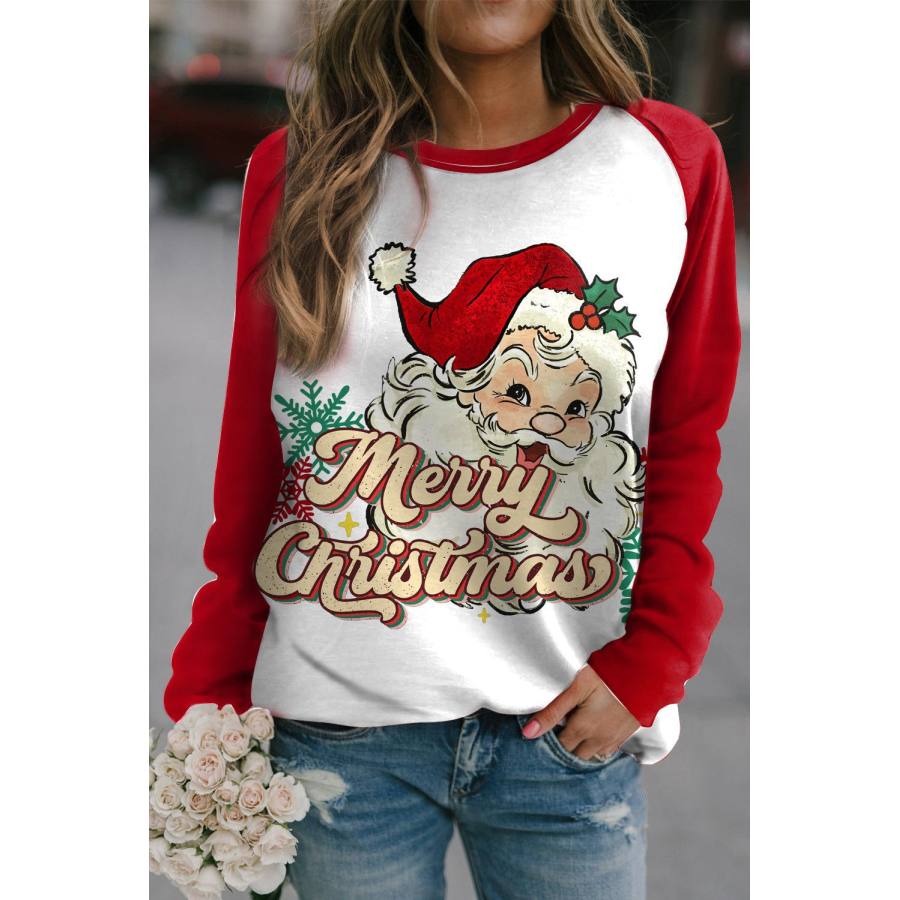 

Damen-Sweatshirt Mit Rundhalsausschnitt Und Weihnachtsmann-Aufdruck In Kontrastfarbe