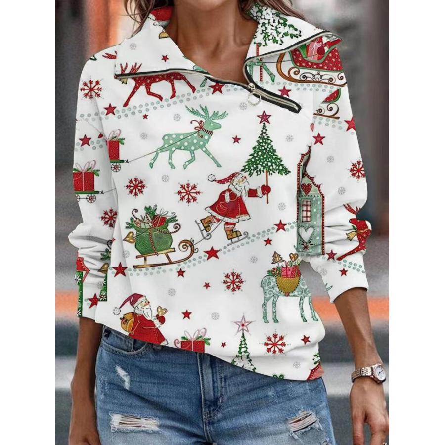 

Damen-Sweatshirt Mit Weihnachtlichem Aufdruck Unregelmäßigem Reißverschluss Und Revers