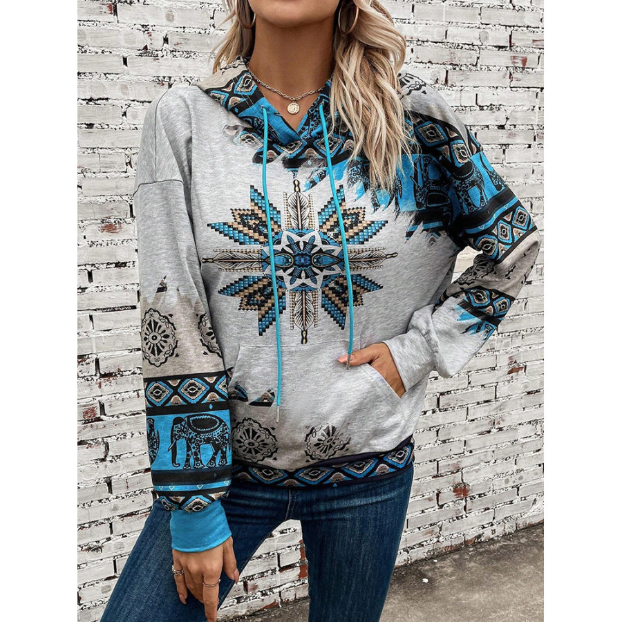 

Women's Western Ethnic Print Color Block Hooded Sweatshirt