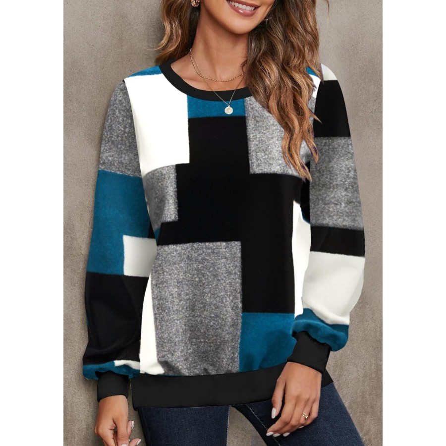 

Damen-Pullover Mit Retro-Motiv Geometrisches Bild Farbblockdruck Alltagsurlaub Rundhalsausschnitt Lässig