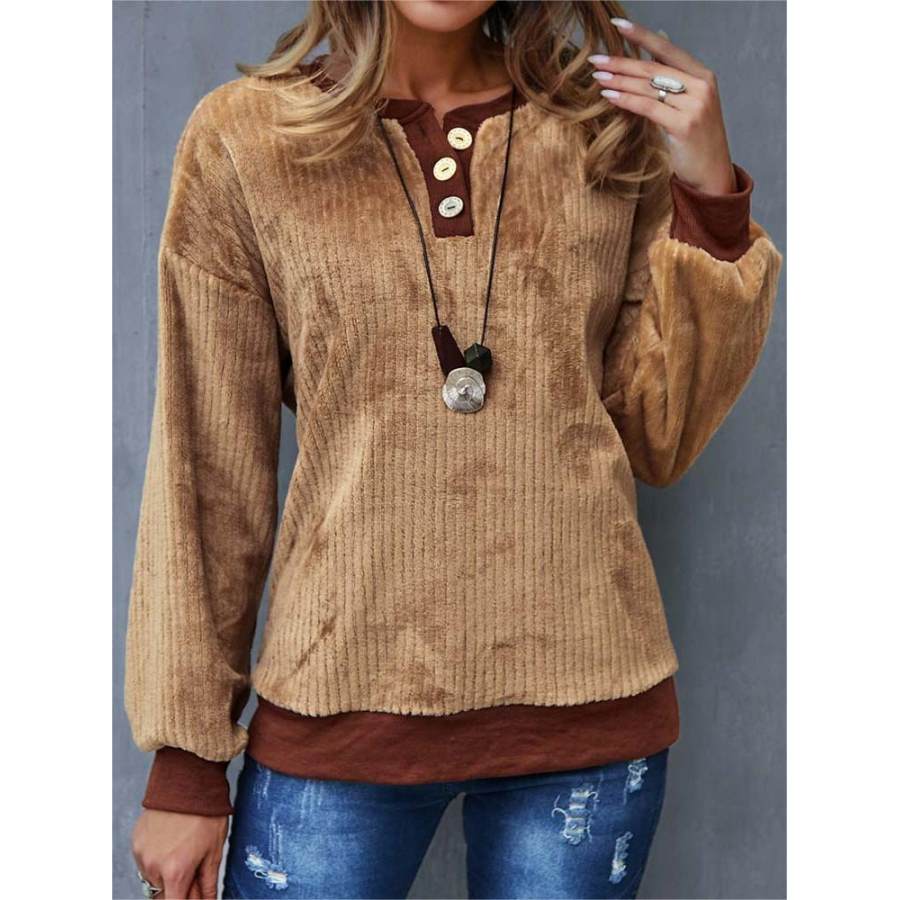 Sudadera Casual Con Contraste De Patchwork De Pana Retro Para Mujer