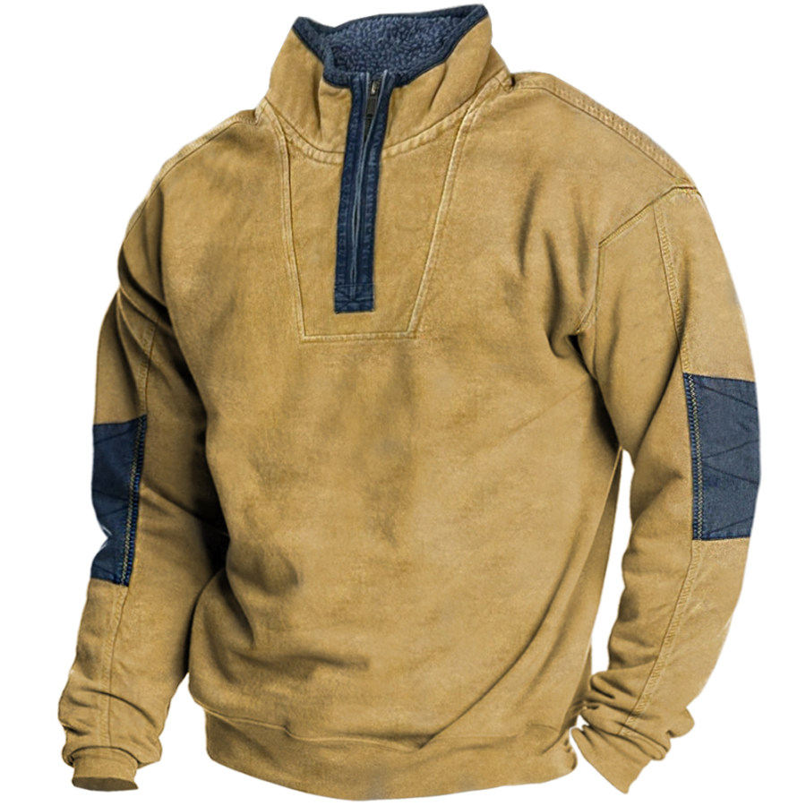 Sudadera Informal Con Parches En Los Codos Y Cremallera En Contraste Retro Para Hombre