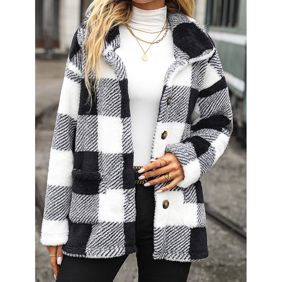 Casual Plaid Lapel Plush Warm Long-Sleeved Coat