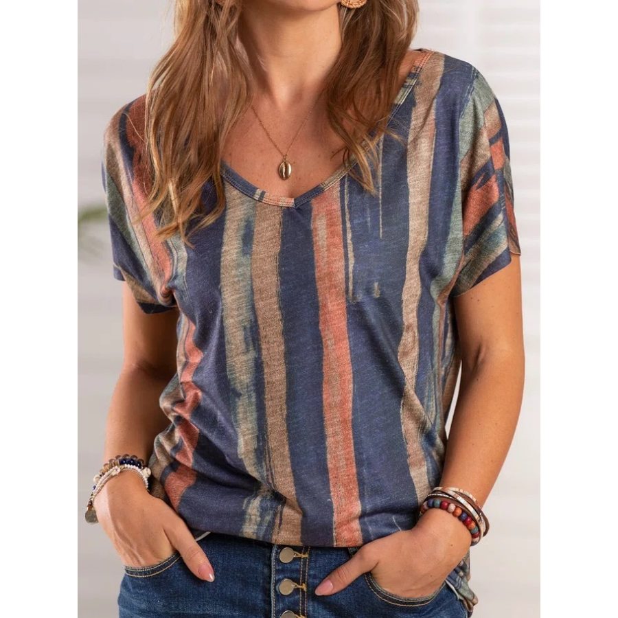 Women's V-Neck Colorful Striped Casual T-Shirt