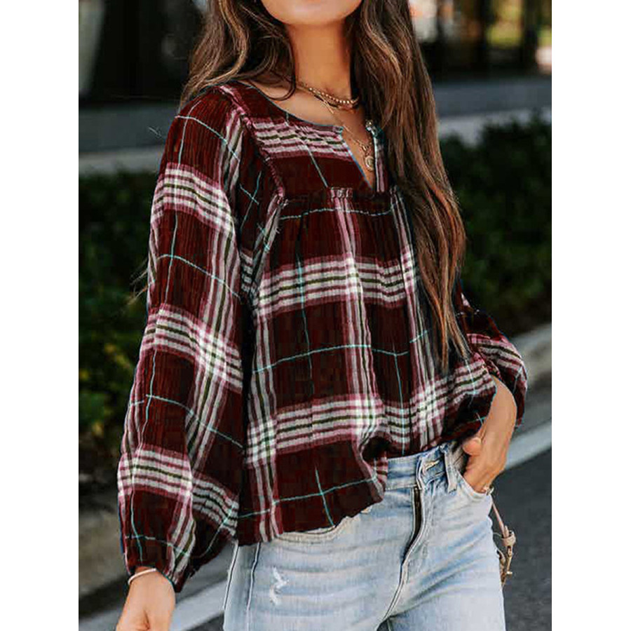 Casual Check Print Long Sleeve V-Neck Blouse