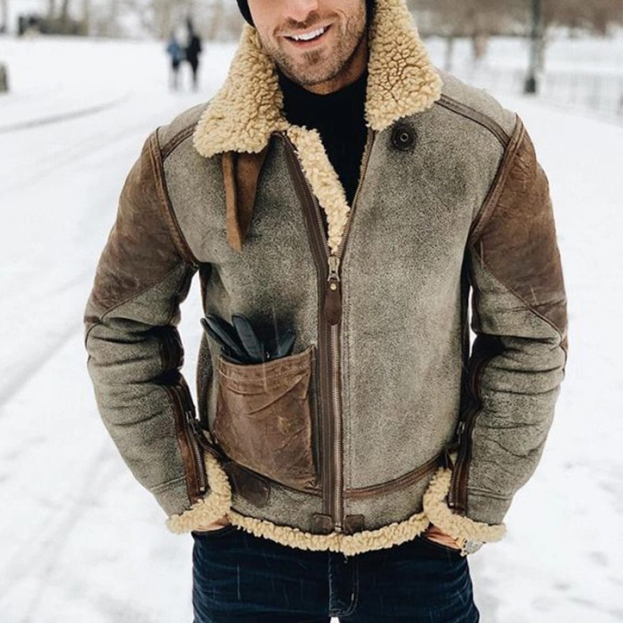 Mens Plush Leather Stitching Cotton Jacket