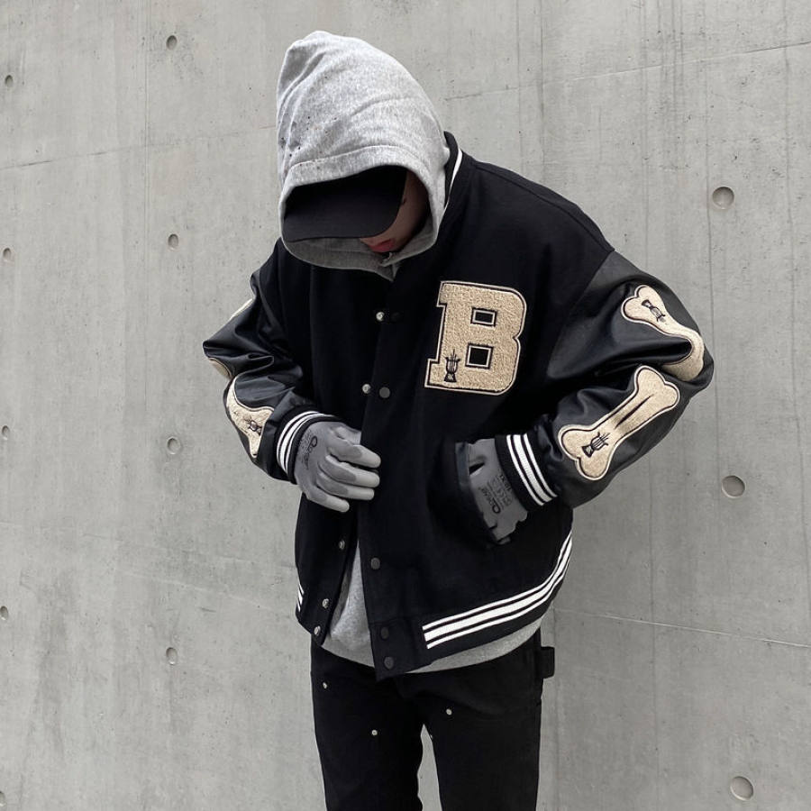 Men's Flocking Printed Loose PU Leather Stitching Baseball Uniform Jacket