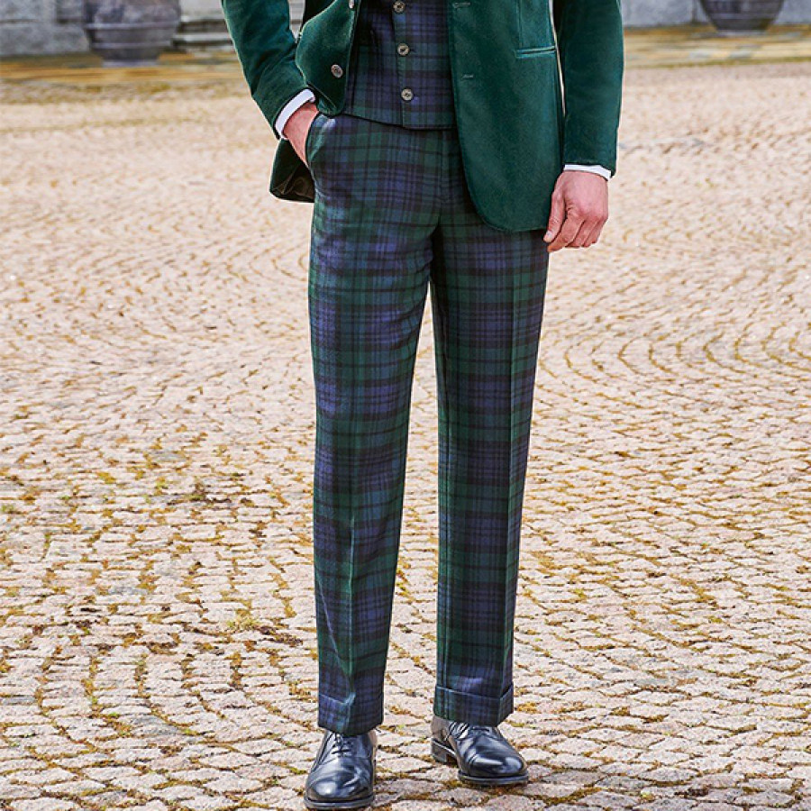 Men Woolen Plaid Trousers Dark Green Heavyweight Comfort Keep Warm Outdoor Daily Pants