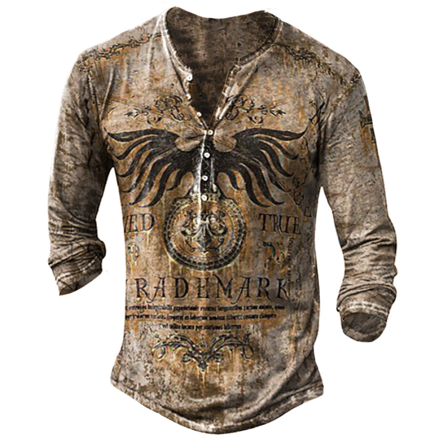 Mens outdoor fashion retro printed long-sleeved T-shirt