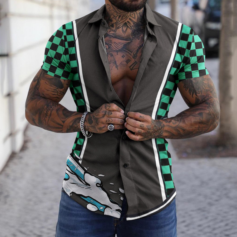Men's Casual Print Panel Short Sleeve Shirt