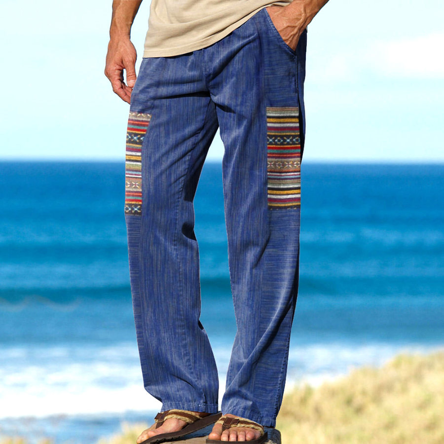 Men's Linen Contrasting Patchwork Print Boho Pants