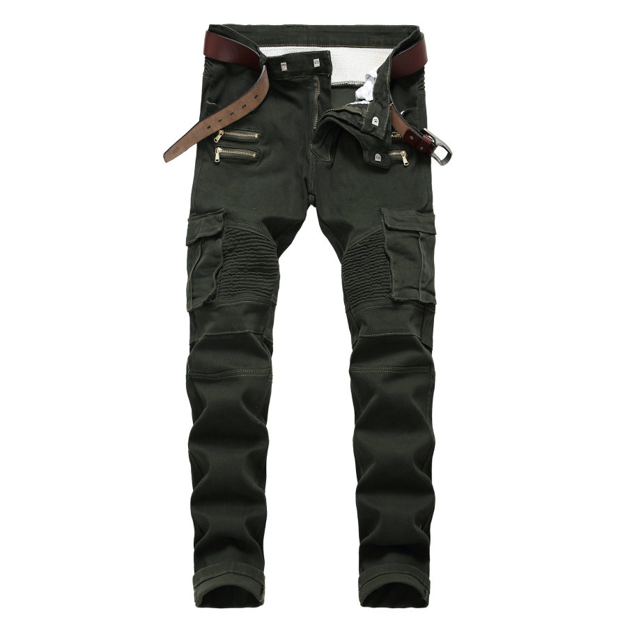 Men's retro distressed zipper pleated wear-resistant jeans