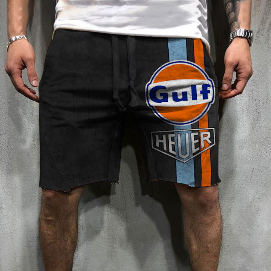 Retro engine oil logo casual shorts