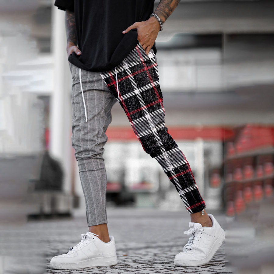 Mens Plaid Stitching Denim Trousers