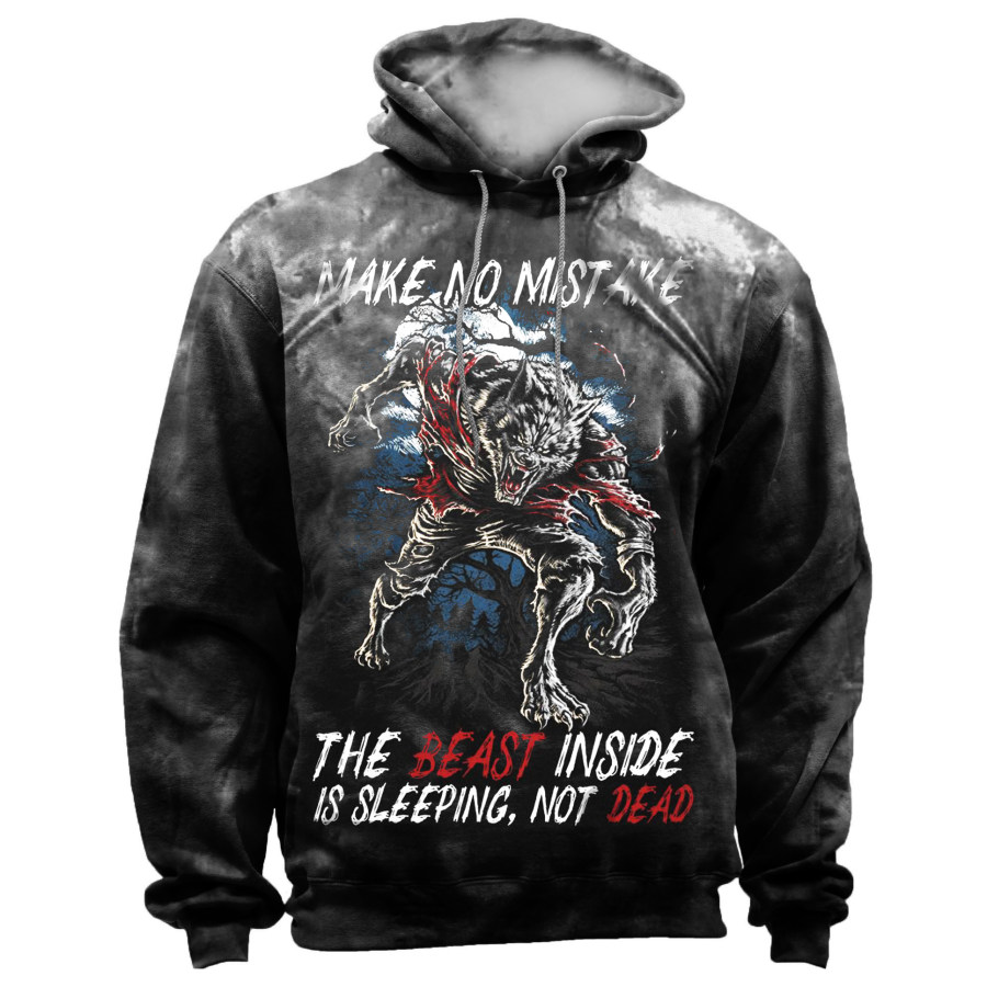 Men's Retro Wolf Print Hoodie
