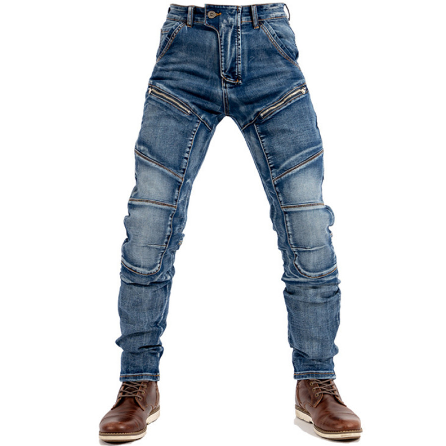 Men's Retro Motorcycle Stitching Denim Trousers