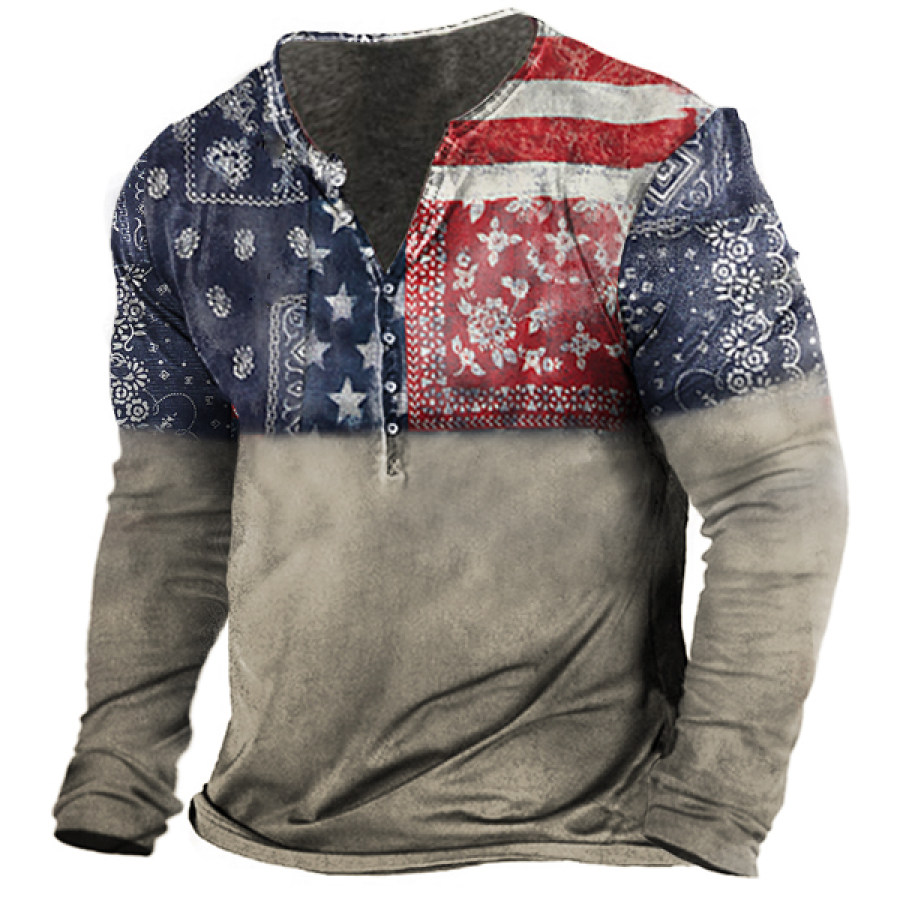 Vintage American Glag Ethnic Paisley Print Men's Outdoor Henley Long Sleeve T-Shirt
Vintage American Glag Ethnic Paisley Print Men's Outdoor Henley Long Sleeve T-Shirt