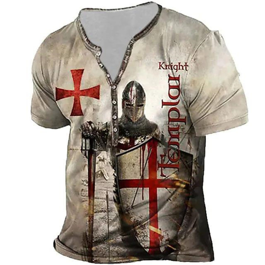 

Men's Vintage Templar Cross Henley Collar T-Shirt
