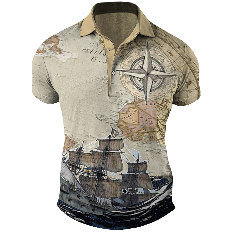 

Men's Vintage Nautical Compass Sailing Polo Short Sleeve T-Shirt