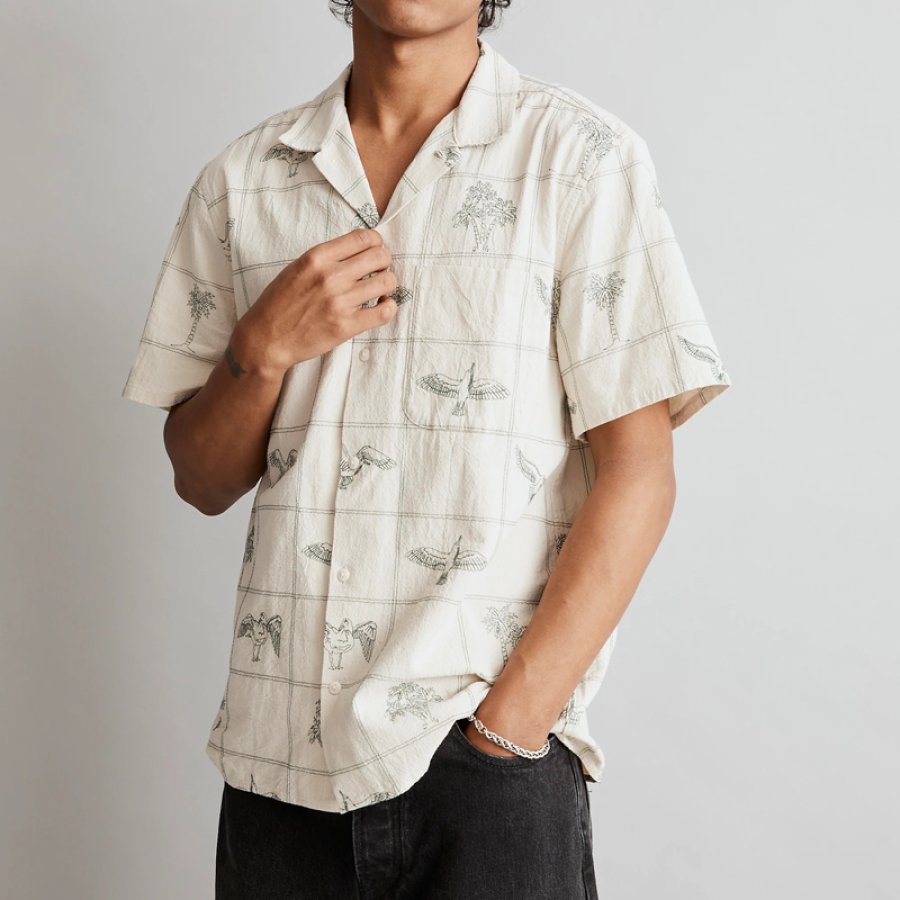 Men's Shirts Cuban Collar Shirts Eagle Vacation Shirts Breathable Casual Shirts