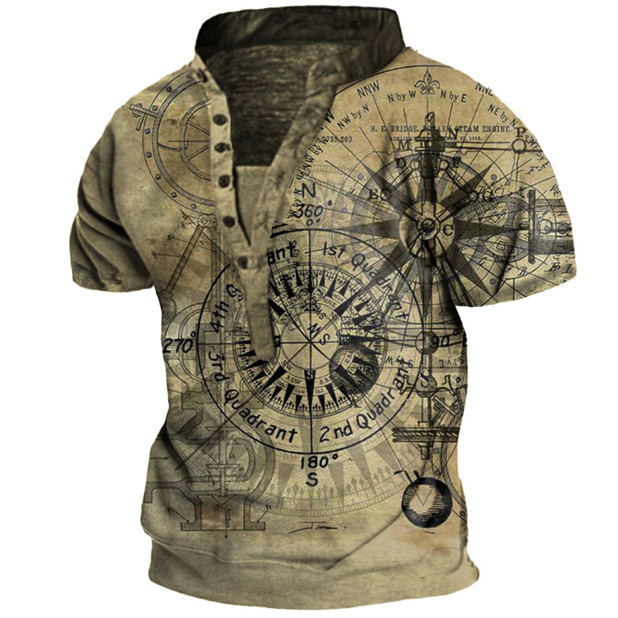 

Men's Outdoor Vintage Nautical Compass Print Henley Shirt