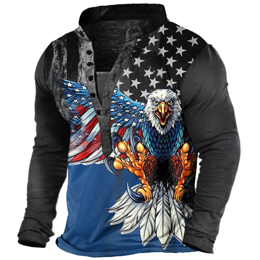 Vintage American Flag Liberty Eagle Print Men's Henley Long Sleeve T-Shirt
Vintage American Flag Liberty Eagle Print Men's Henley Long Sleeve T-Shirt
