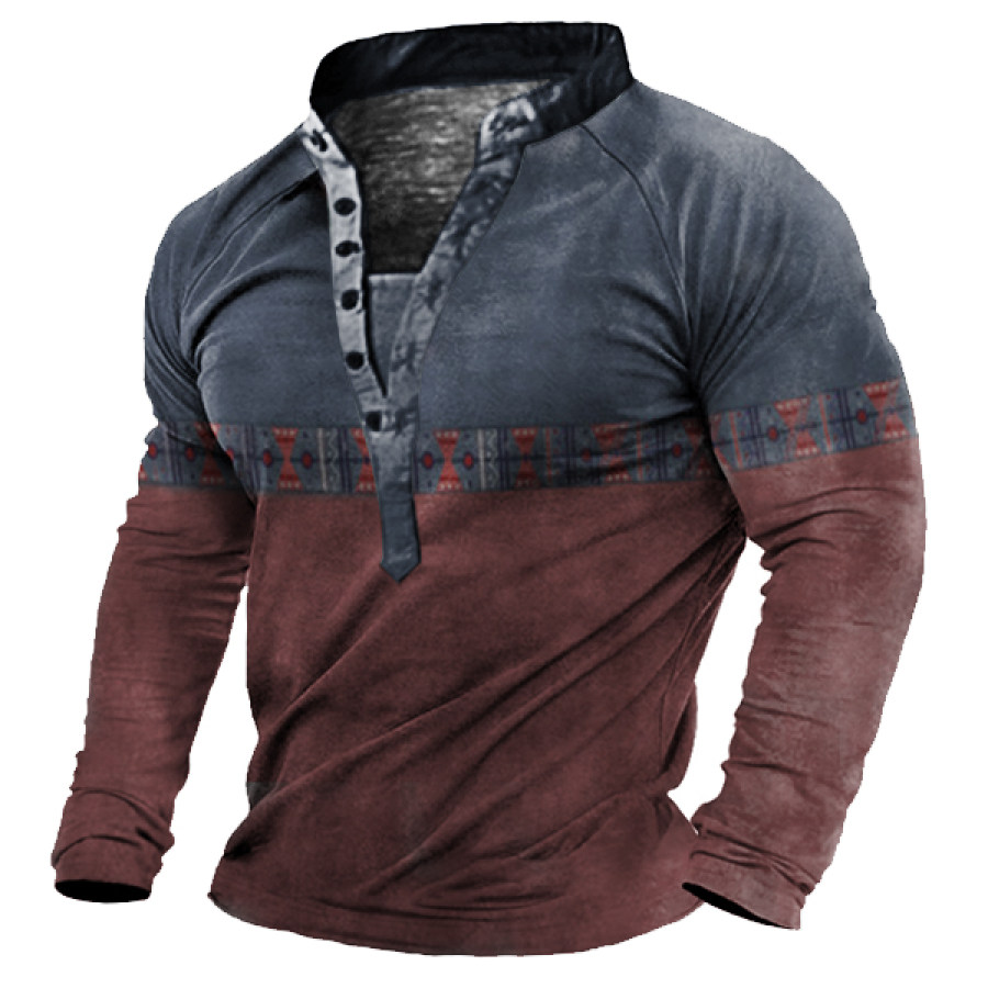 Men's Aztec Print Henley Collar Long Sleeve T-Shirt