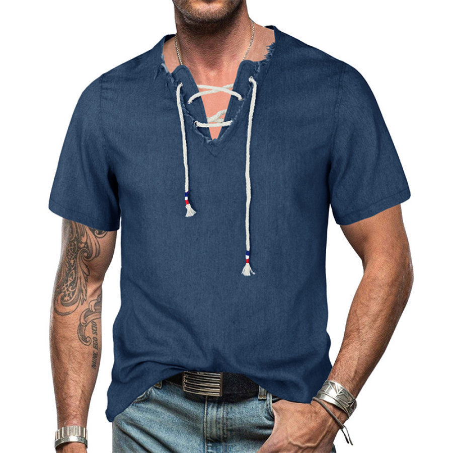 Camisa Jeans Masculina Borda Cruzada Decote Em V Com Borla Camiseta Jeans Henley Top