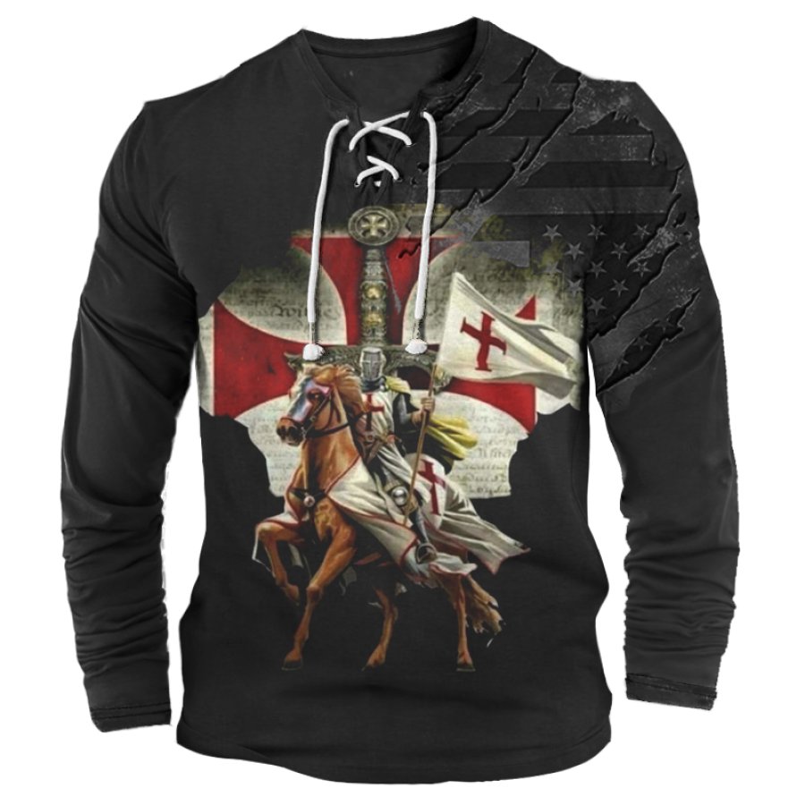 

T-shirt Henley A Maniche Lunghe Con Lacci E Stampa Dei Templari Con Bandiera Americana Retrò
