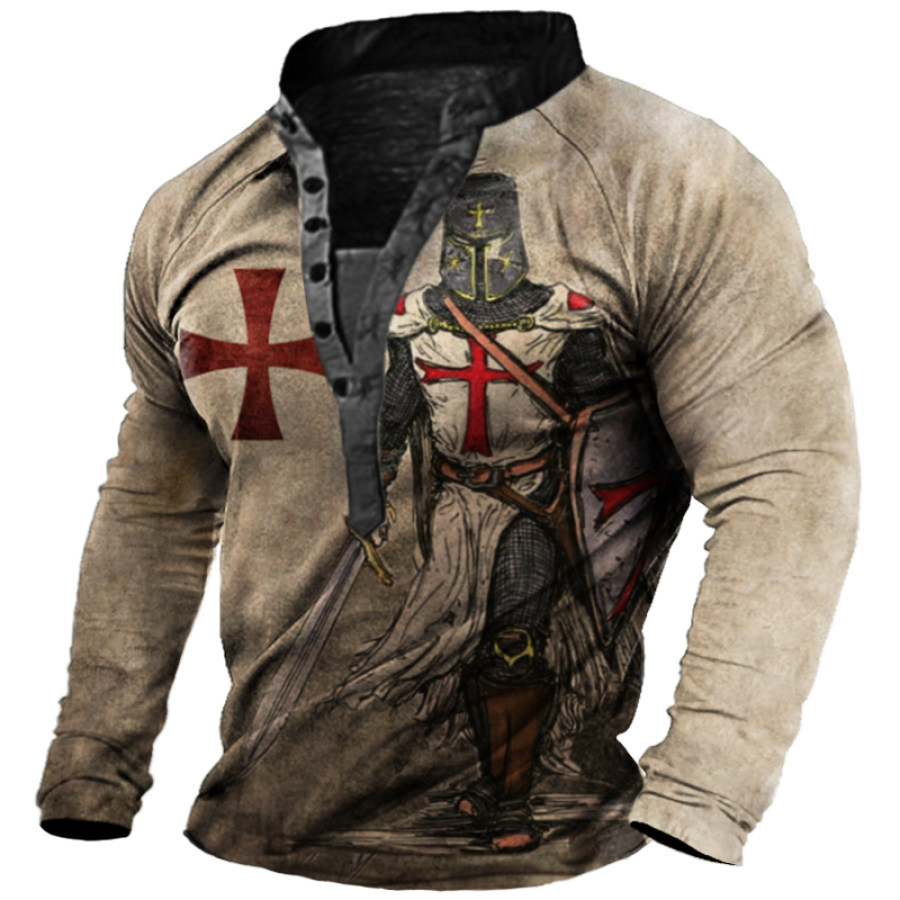 

Men's Vintage Templar Cross Long Sleeve Henley T-Shirt