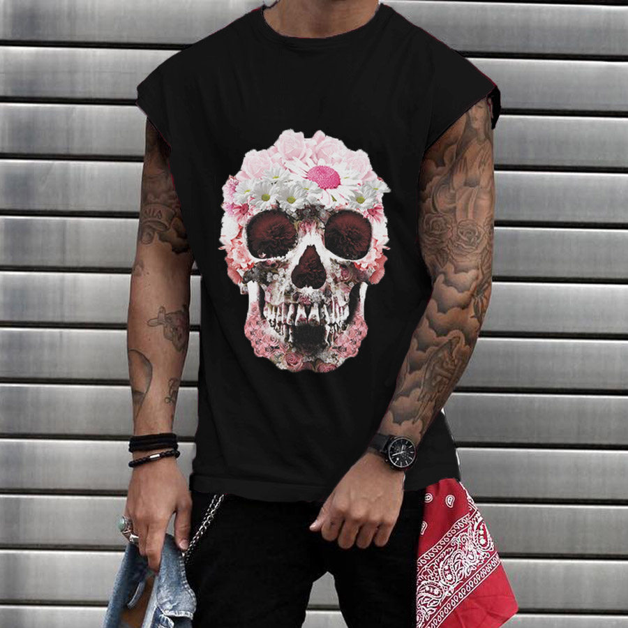 Daisy Skull Round Neck Mens T-shirt