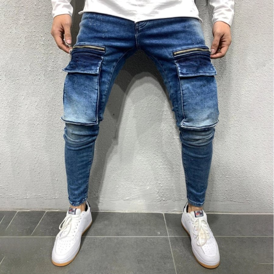 Mens Zip Big Pocket Slim Fit Casual Jeans