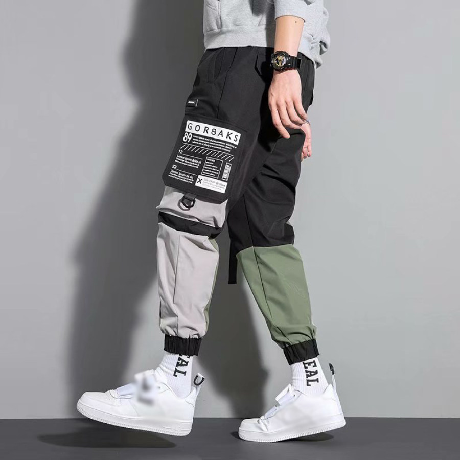 Contrasting Color Casual Functional Pants