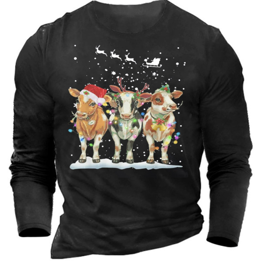 Men's Fun Christmas Three Bulls Printing Cotton T-shirt