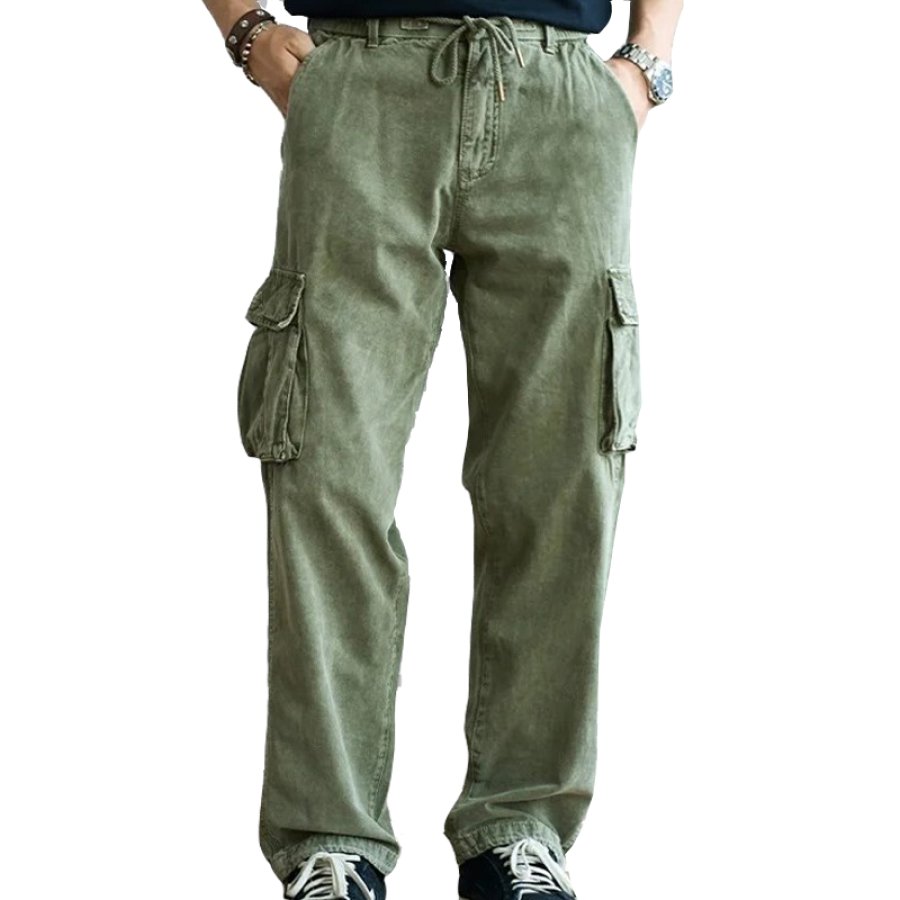 Men's Retro Cargo Drawstring Elastic Waist Trousers 1940s Wide Leg Retro Casual Pants