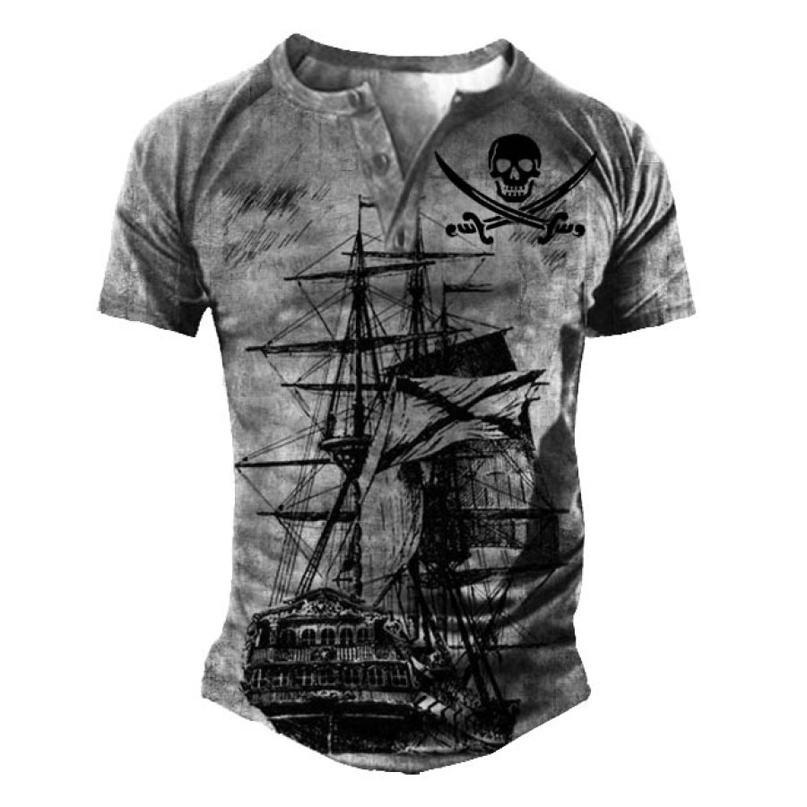 Men's Pirate Ship Henley Short Sleeve T-Shirt