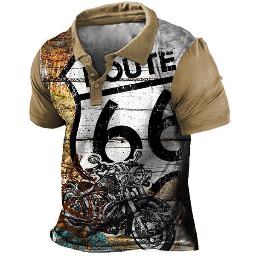 Men's Outdoor Route 66 Motorcycle Print Polo T-Shirt