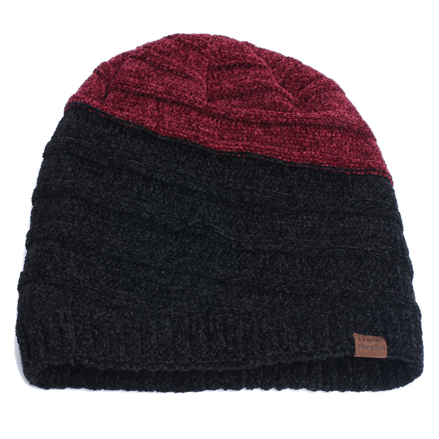 Men's hooded chenille woolen hat plus velvet thick warm ski climbing hat striped knitted hat