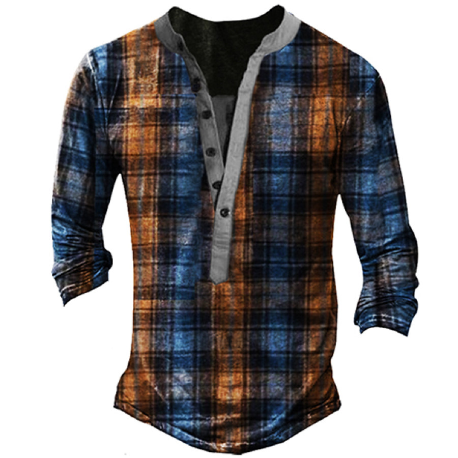 Retro Plaid Men's Outdoor Tactics Henley Button Long Sleeve Shirt