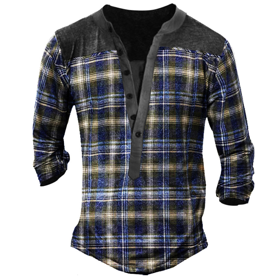 Retro Plaid Men's Outdoor Tactics Henley Button Long Sleeve Shirt