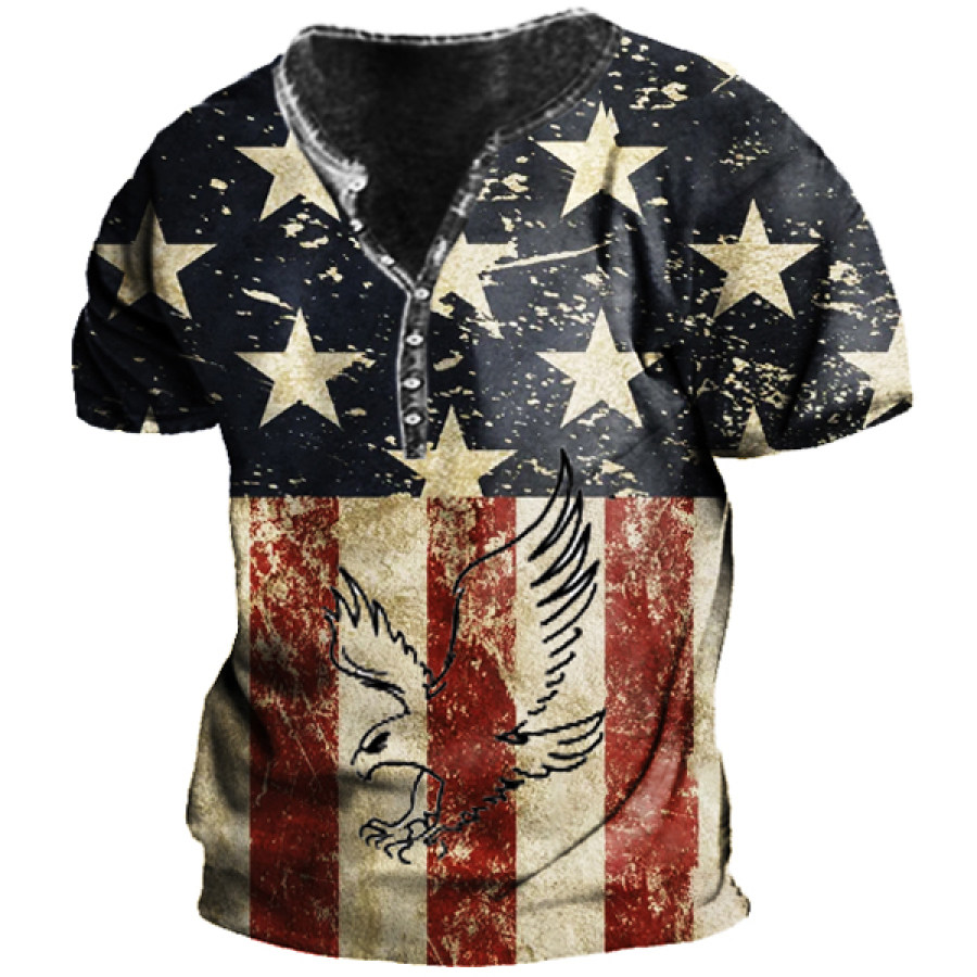 Vintage American Flag Eagle Print Men's Henley Collar Tactical Short Sleeve T-Shirt
Vintage American Flag Eagle Print Men's Henley Collar Tactical Short Sleeve T-Shirt