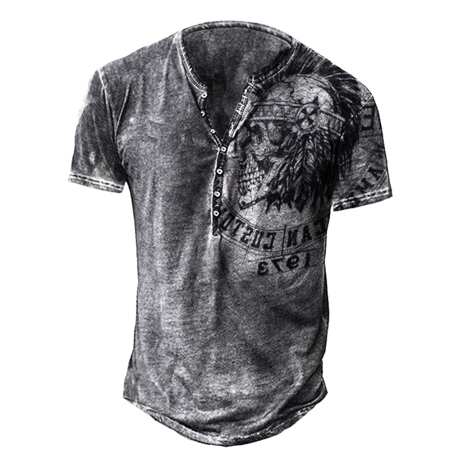 Men's Outdoor Indian Head Print Henley Shirt