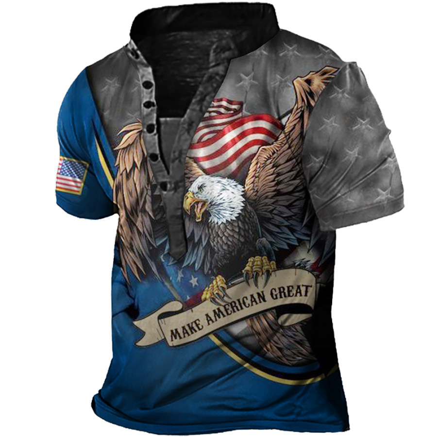 American Flag Eagle Print Men's Vintage Henley Collar T-Shirt 
American Flag Eagle Print Men's Vintage Henley Collar T-Shirt