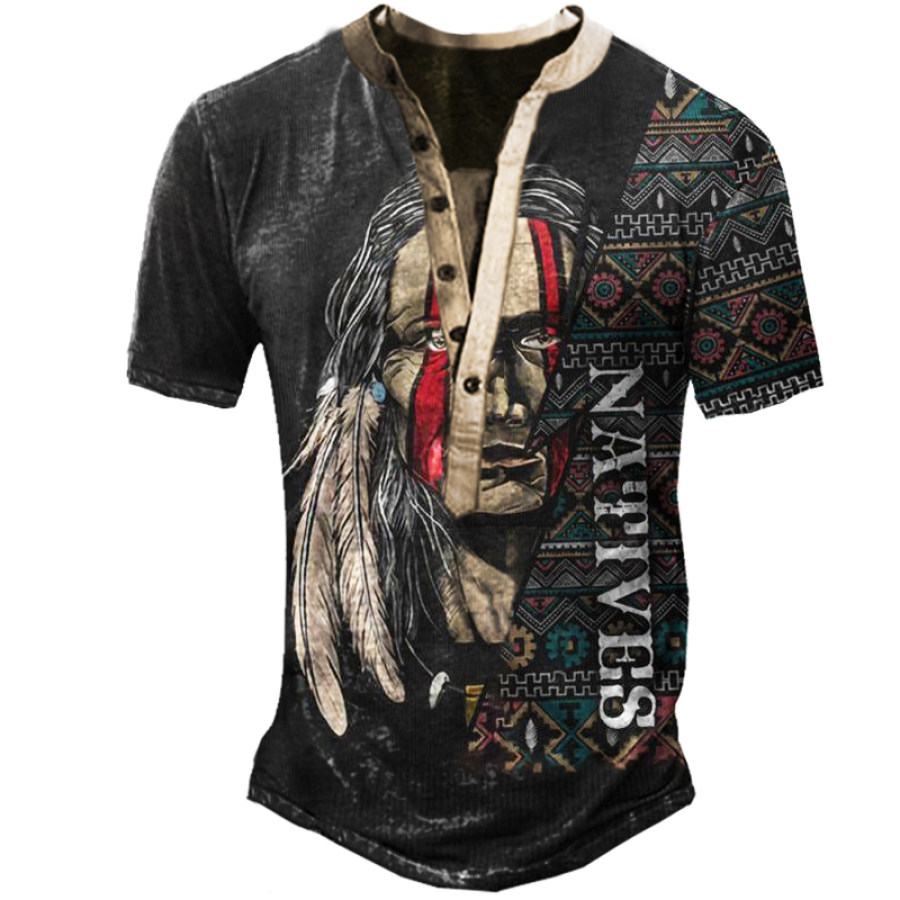 Aboriginal Ethnic Print Men's Henley Collar Short Sleeve T-Shirt