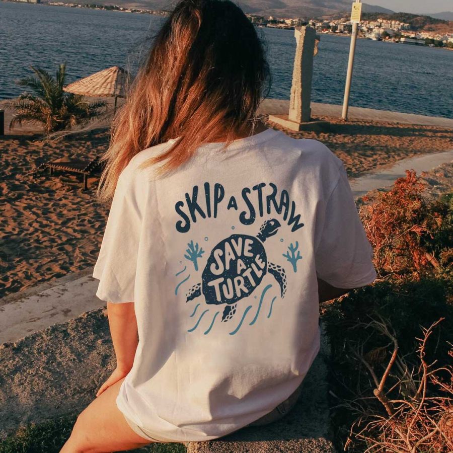 Women's Skip A Straw Save A Turtle Print Loose T-Shirt