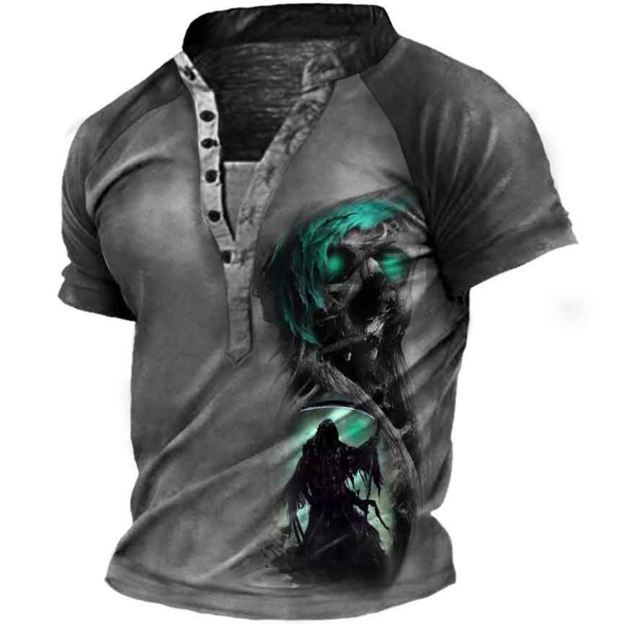 Men's Skull Henley Short Sleeve T-Shirt