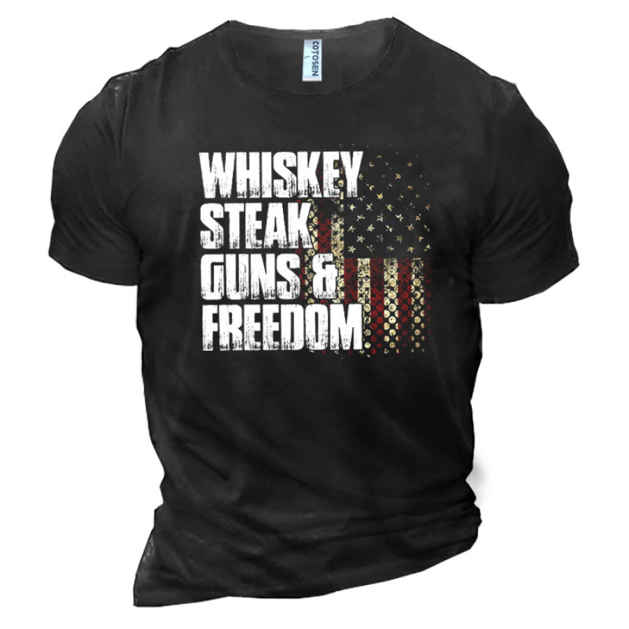 

Whiskey Steak Guns & Freedom Men's American Flag Print Cotton T-Shirt
