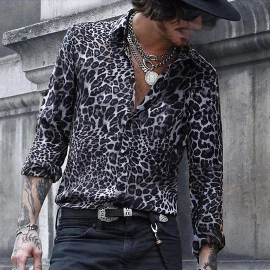 Men's Leopard Print Casual Long Sleeve Shirt