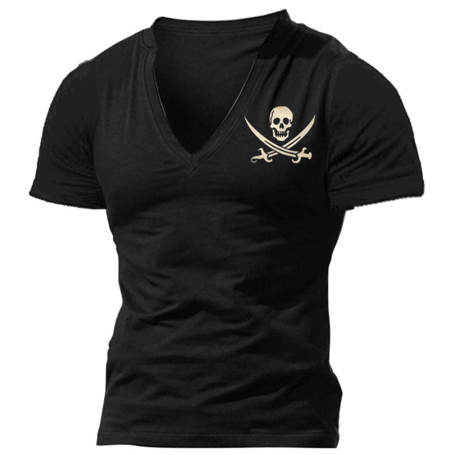 Men's Pirate Skull Print V-Neck T-Shirt